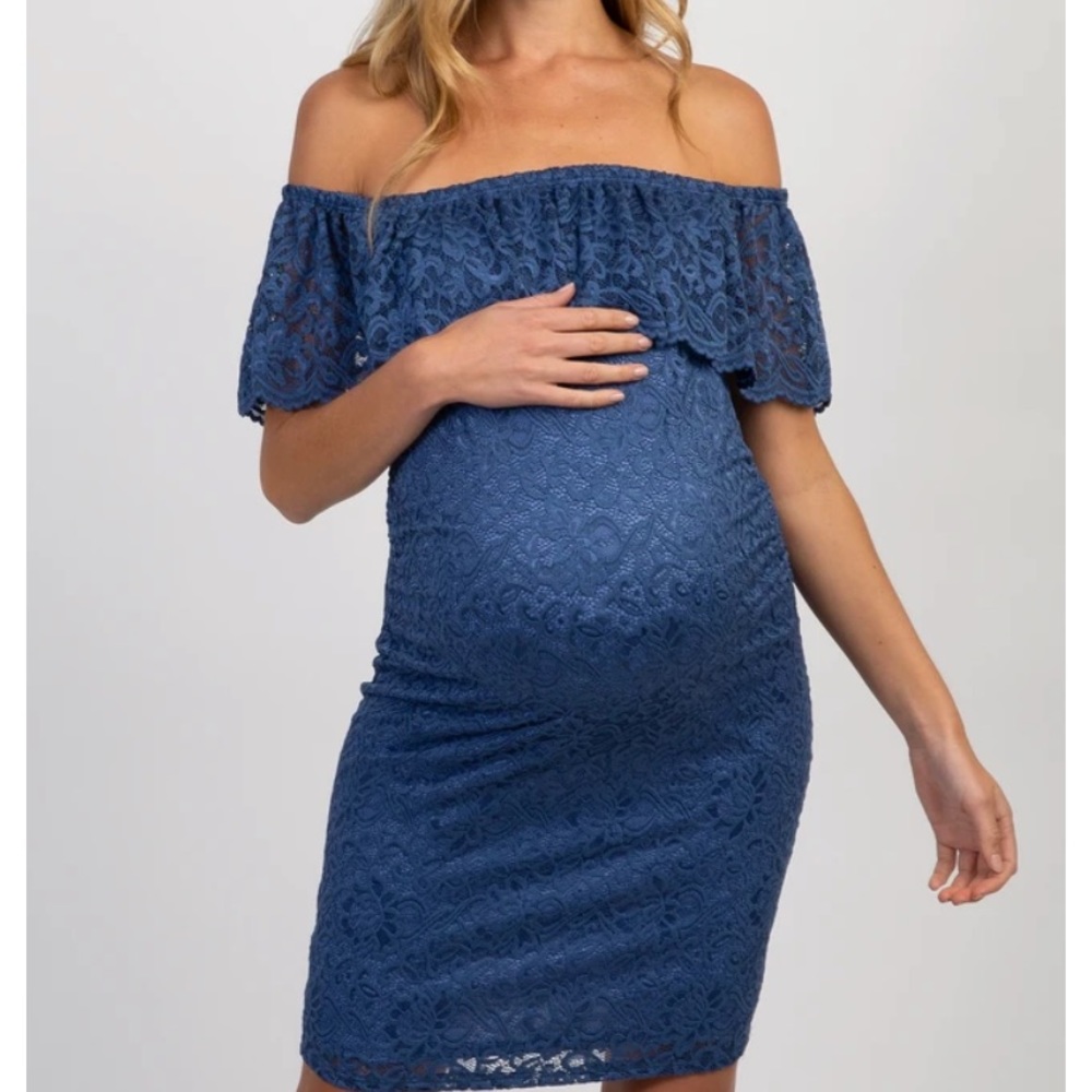 Pink Blush Maternity Blue Lace off shoulder Dress